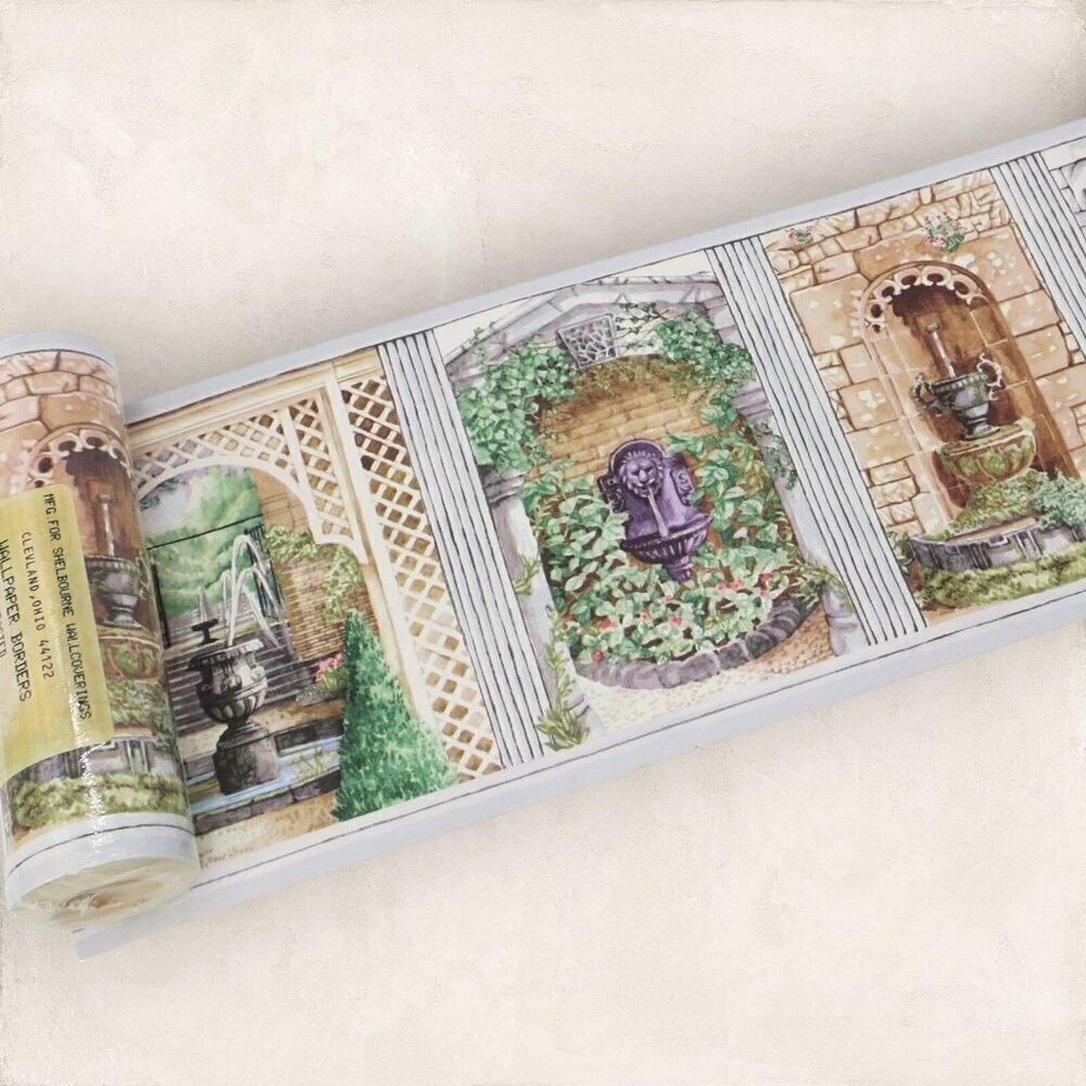 Vintage Border Paper Wallpaper Fountains Landscape Scenes Cottagecore Lot 20 yds